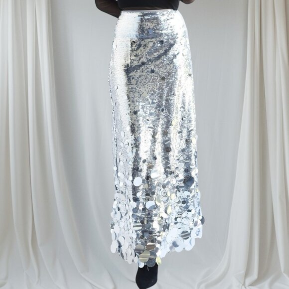 Women Midi Skirt Full Sequin Silver Size 2XL Tall Lined Decorated Mid Rise - Picture 4 of 14